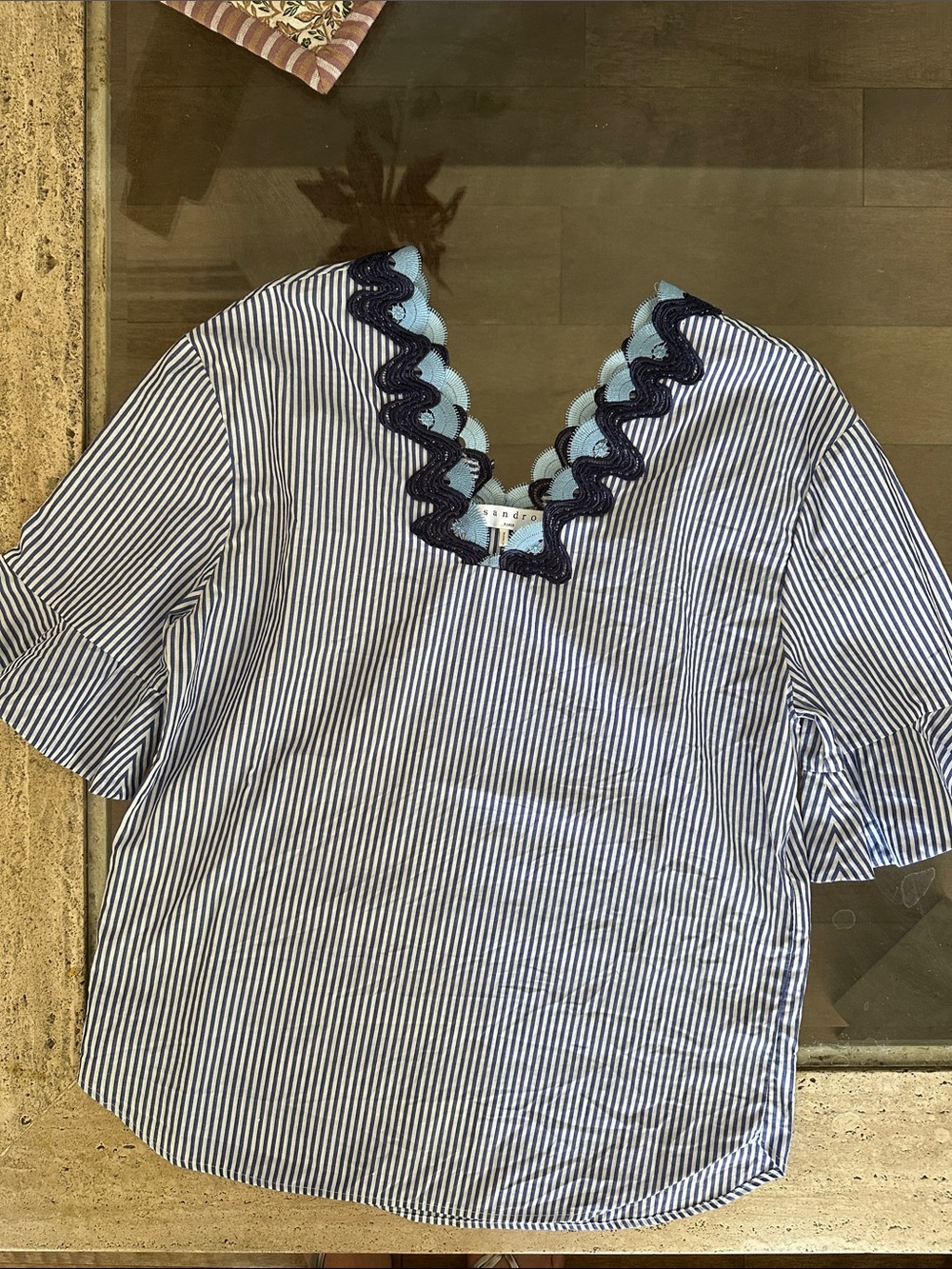 Striped V-Neck Blouse with Navy Scalloped Trim